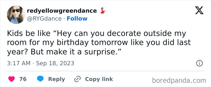 Screenshot of a funny parent tweet about kids requesting surprise birthday decorations outside their room.