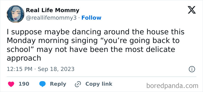 Tweet from a parent humorously admitting to losing sanity while singing about kids going back to school.