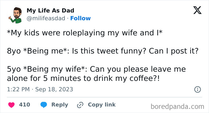 Screenshot of a funny parent tweet showing kids roleplaying and sharing humorous moments from parenting posts.