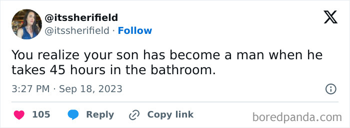 Funny post from a parent about their son taking 45 hours in the bathroom, showing humor in parenting sanity moments.