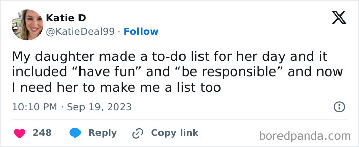 Tweet from a parent sharing a funny to-do list made by their daughter, highlighting humor in parenting posts.