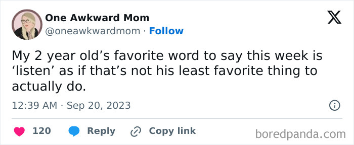 Screenshot of a funny parent tweet about a toddler’s favorite word, illustrating humor in parenting posts.
