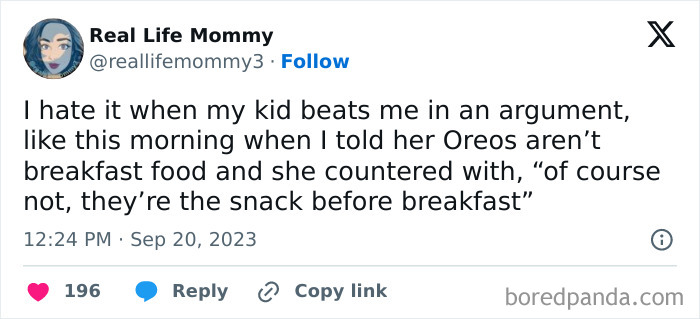 Screenshot of a funny parent tweet about kids winning arguments, highlighting humorous posts from parents losing their sanity.