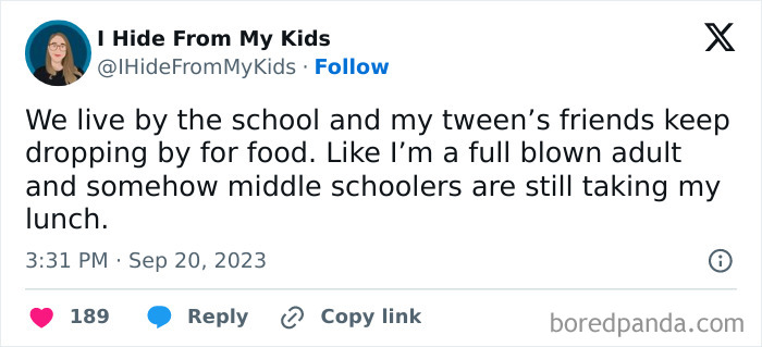 Funny posts from parents about tween friends dropping by for food, showing parenting humor and sanity struggles.