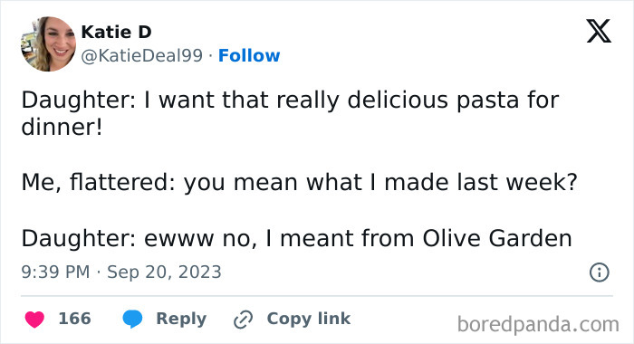 Tweet showing a funny parenting moment with a daughter confusing homemade pasta and restaurant food, highlighting parents' humor.
