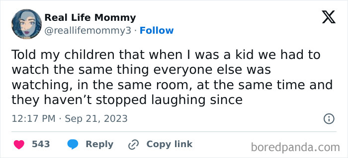 Twitter post by Real Life Mommy sharing a funny parenting moment about kids laughing nonstop, highlighting humor in parent posts.