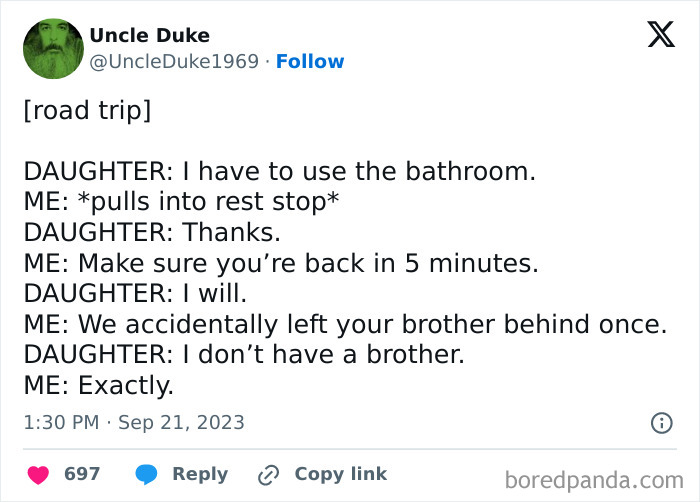 Twitter post showing a funny conversation between parent and daughter, highlighting humorous moments from parents losing sanity.