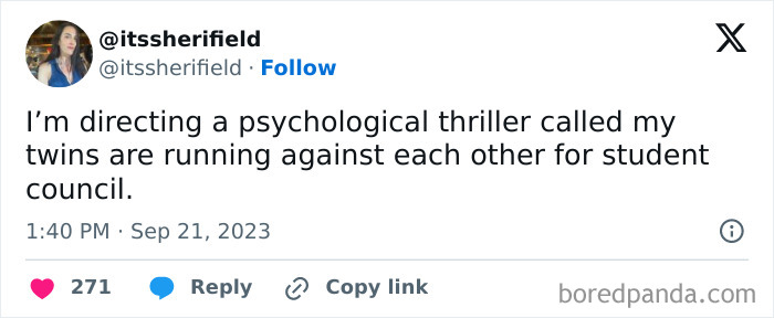 Tweet from a parent humorously describing their twins competing for student council, part of funny posts from parents series.