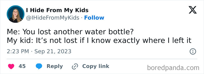 Tweet from a parent sharing a funny moment about their child not losing a water bottle, showcasing parental humor and sanity.