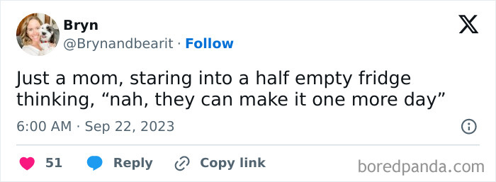 Tweet from a parent humorously describing staring at a half-empty fridge, reflecting funny posts from parents losing sanity.