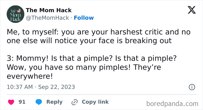 Screenshot of a funny parent post about pimples, showcasing parents losing their sanity but keeping their funny bone.