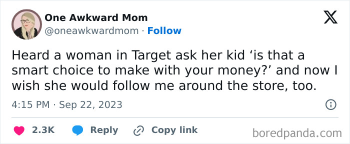 Tweet from a parent sharing a funny moment about shopping struggles, highlighting humor in parenting sanity challenges.
