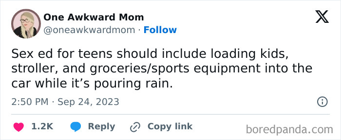 Screenshot of a funny parenting tweet about loading kids and groceries in the car during pouring rain, showing parents’ humor.
