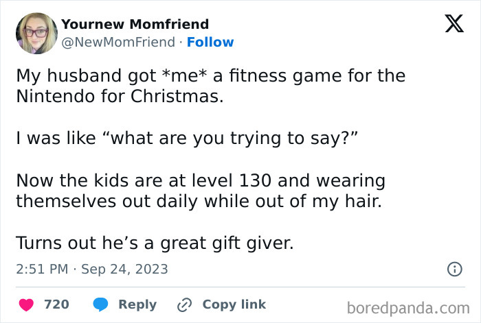 Tweet from a parent sharing a funny story about kids playing a fitness game and parents losing their sanity.