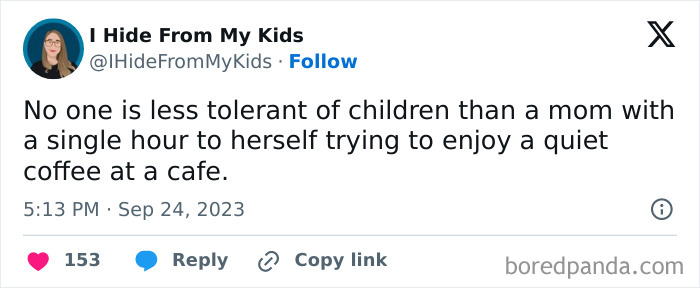 Tweet from a parent humorously describing the challenge of enjoying quiet coffee with kids, showing funny posts from parents.
