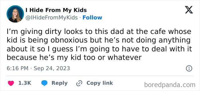 Screenshot of a funny parent tweet about dealing with obnoxious kids showing humor in parenting sanity posts.