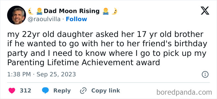 Tweet from a parent humorously asking for a Parenting Lifetime Achievement award after a funny sibling birthday party invite.
