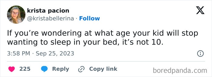 Screenshot of a humorous parent tweet about kids not stopping wanting to sleep in their bed, reflecting funny posts from parents.