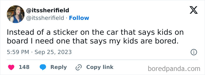 Tweet from a parent humorously suggesting a sticker that says their kids are bored reflecting funny posts from parents.
