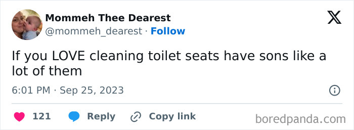 Twitter post from a parent humorously complaining about cleaning toilet seats, reflecting funny posts from parents losing sanity.