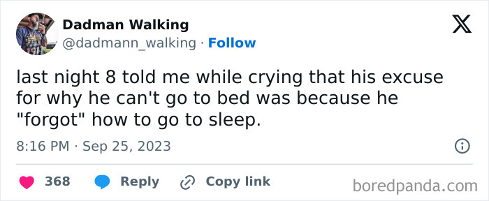 Tweet from a parent humorously sharing a child's excuse for not going to bed, reflecting funny posts from parents.