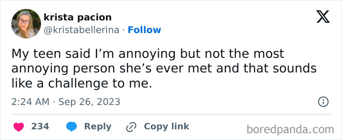 Screenshot of a funny parent tweet humorously describing a teenage challenge, showcasing parents losing sanity but keeping humor.