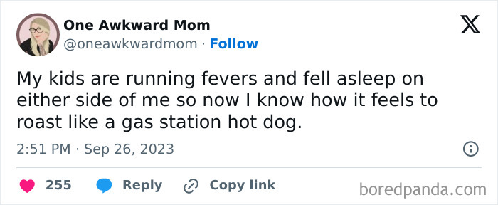 Funny posts from parents sharing humorous moments about parenting struggles and sanity in relatable social media tweet.