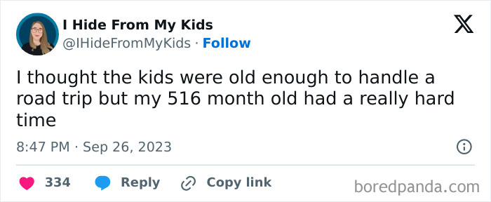 Tweet from a parent humorously sharing the challenges of a road trip with a very young child in a funny parents post.