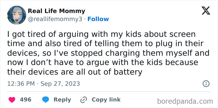 Tweet from a parent sharing a funny post about kids, screen time, and device charging struggles.