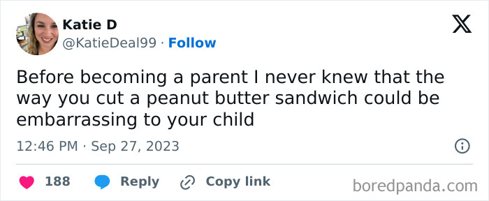 Screenshot of a funny parent tweet about the unexpected challenges of parenting and embarrassing kids with peanut butter sandwiches.
