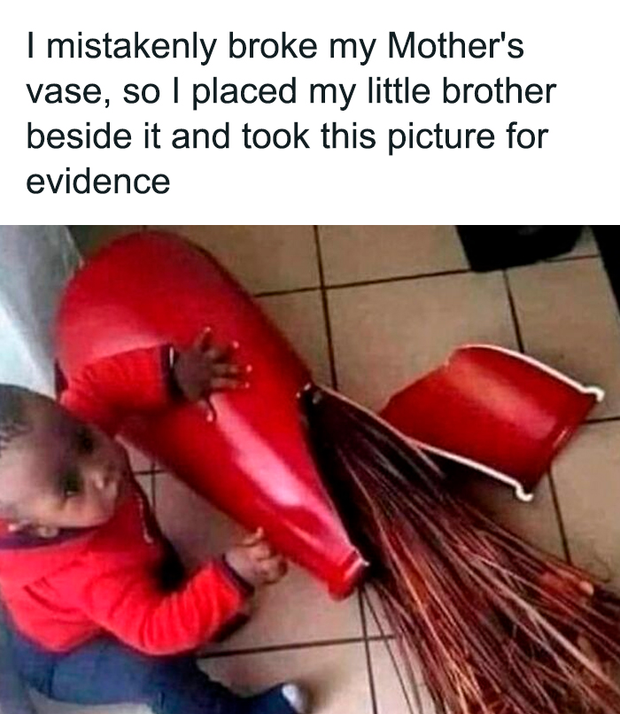 Toddler holding a broken red vase as evidence in a hilarious relatable meme from a popular Instagram page.