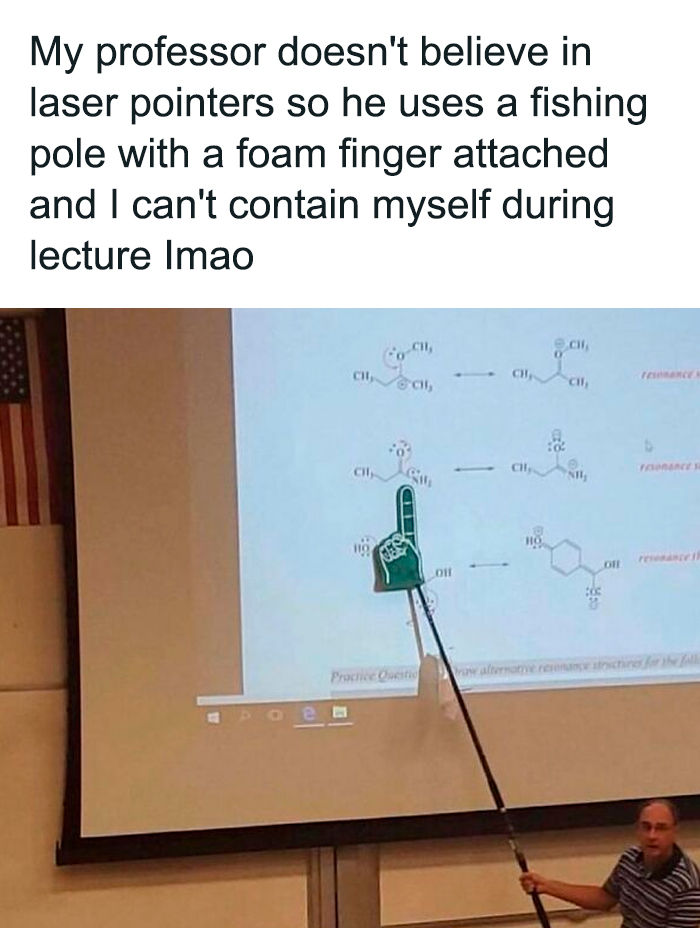 Professor using a fishing pole with foam finger to point at chemistry slides in a hilariously relatable meme from an IG page.