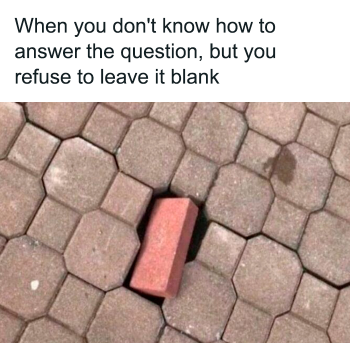 A red brick placed awkwardly among paving stones, illustrating relatable memes on not leaving answers blank.