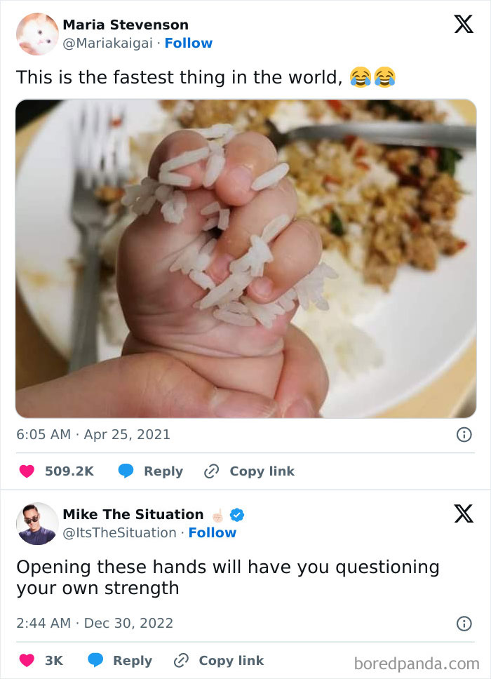 Baby's hand gripping rice tightly, with humorous captions about strength, illustrating a relatable parenting meme.