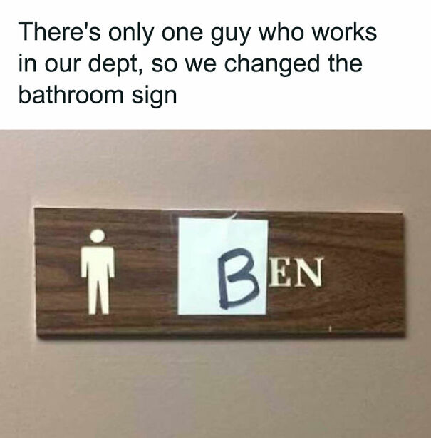 Funny bathroom sign with a handwritten letter 'B' covering part of the word "MEN" to read "BEN".