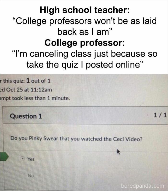 Funny meme about humor in college life, contrasting high school and college professor approaches.