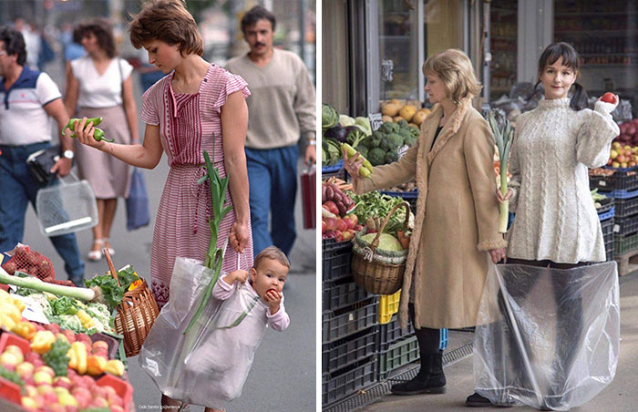 Mother Holding Her Daughter At A Budapest Market In 1987. 30 Years Later, They Recreated The Photo. The Photographer Is Atilla Manek. The Subjects Are His Wife And Daughter