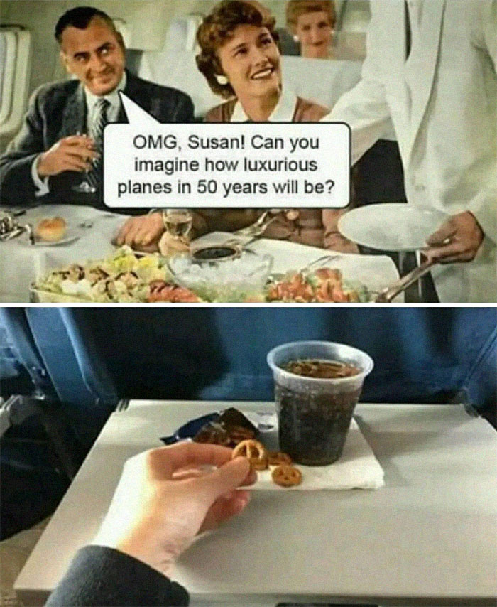 Vintage airline luxury compared to modern plane snacks illustrating weird memes.