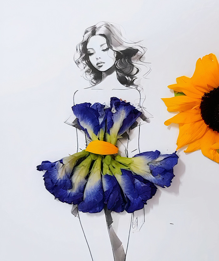 A drawing of a woman dressed in real flower petal gown