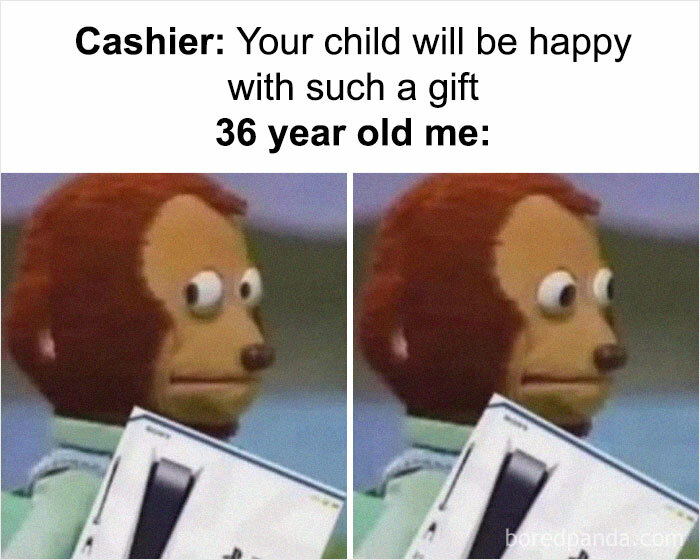 Meme of awkward puppet side-eyeing a comment about buying a child's gift.