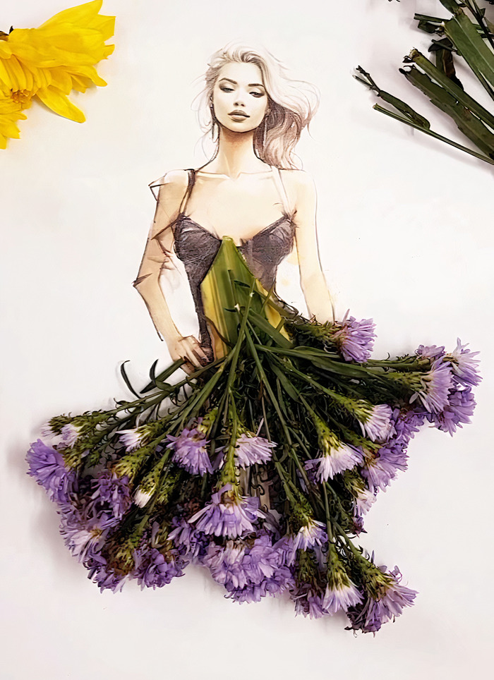 A drawing of a woman dressed in real flower petal gown