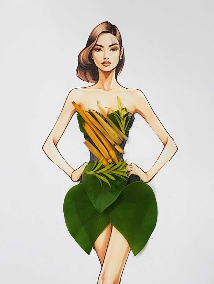 A drawing of a woman dressed in real flower petal gown