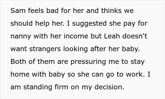Text excerpt discussing a woman pressured to stay home with her baby, refusing to sacrifice her life for motherhood. Text excerpt discussing a woman pressured to stay home with her baby, refusing to sacrifice her life for motherhood.