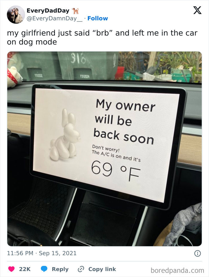 A dog meme showing a car's touchscreen displaying a message that reads, "My owner will be back soon. Don't worry! The A/C is on and it's 69°F." The text above the image from the tweet reads, "my girlfriend just said 'brb' and left me in the car on dog mode." The image humorously compares the user to a dog left in the car with the A/C on.