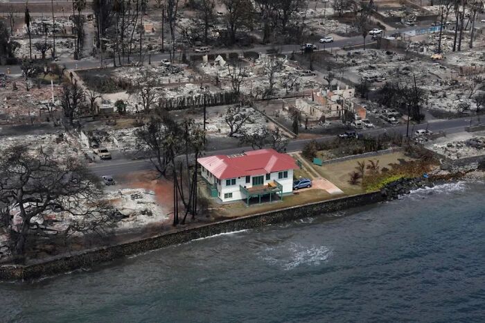 A Single Red And White Colored Home On A Block Bordering The Ocean In Maui Miraculously Survived The Wildfires That Destroyed The Resort City Of Lahaina