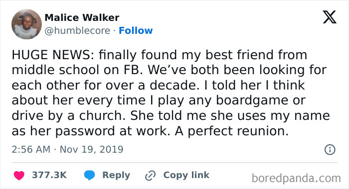 Social media post about a hilariously relatable friendship reunion, highlighting a perfect finding on Facebook.