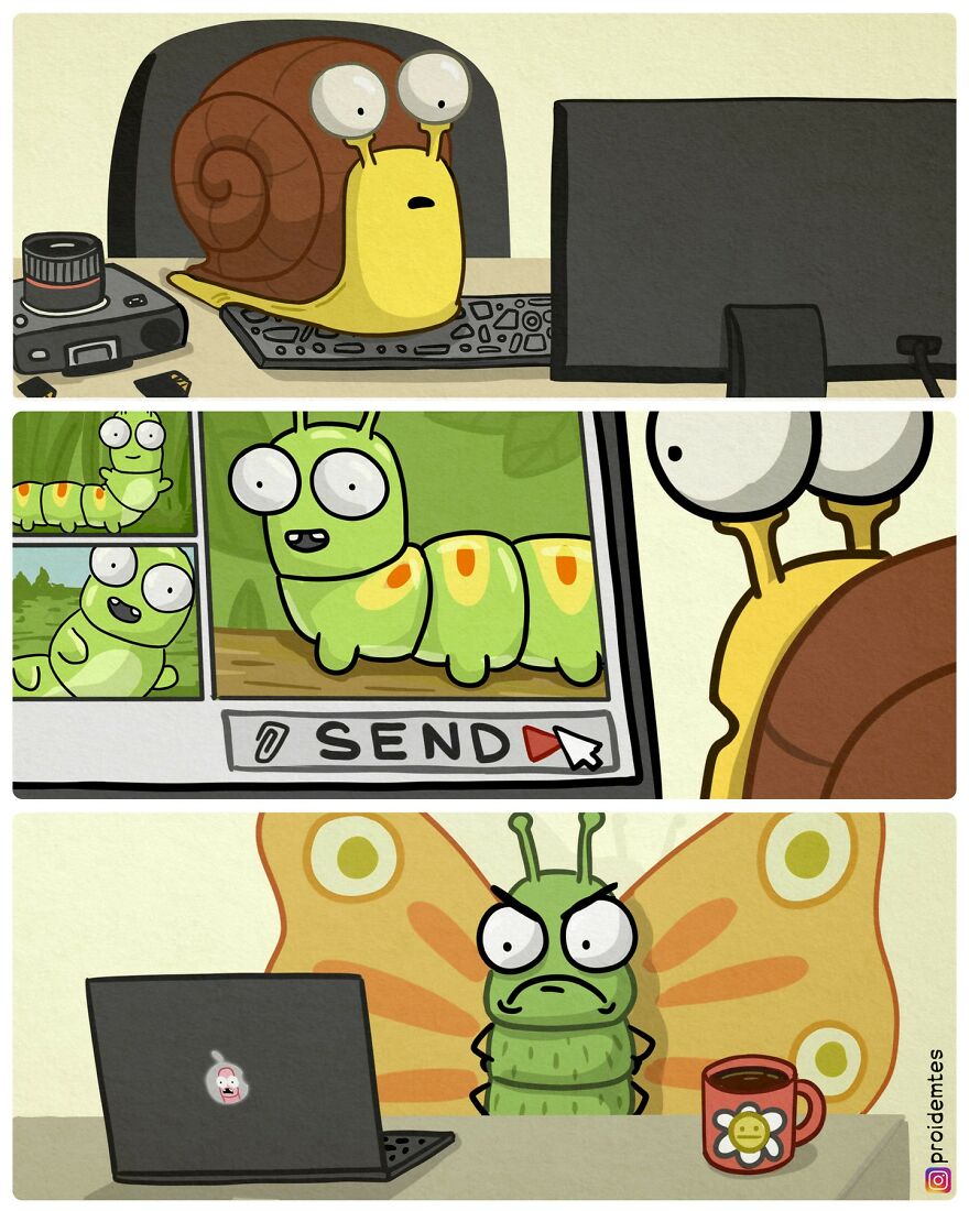 A snail mailing photos of the caterpillar to the butterfly