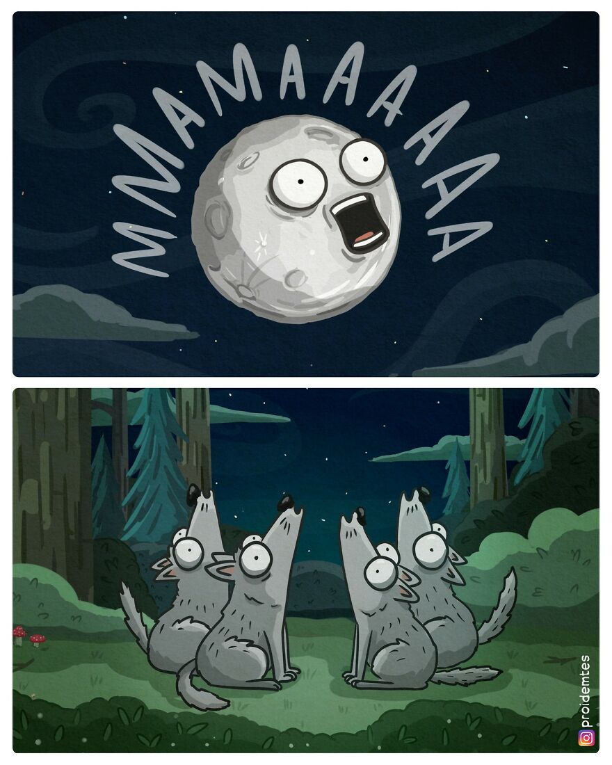 Moon and wolves singing "Queen"