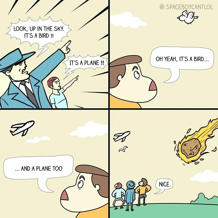 Comic strip by SpaceboyCantLOL showing people pointing at sky, mistaking objects for birds and planes before a meteor appears.