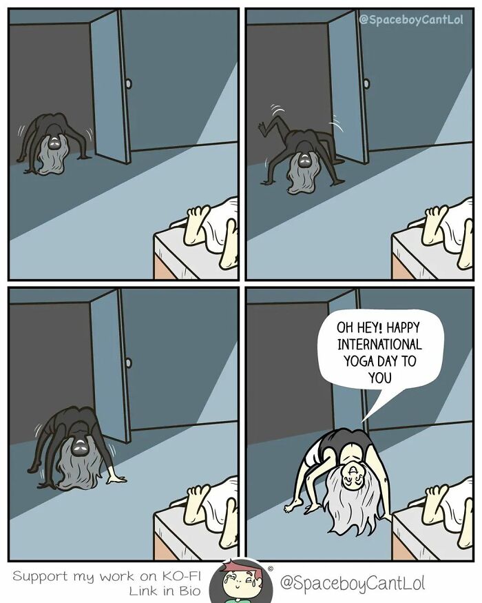 Hilarious comic by SpaceboyCantLOL showing a creepy figure surprising someone with a funny yoga day greeting.